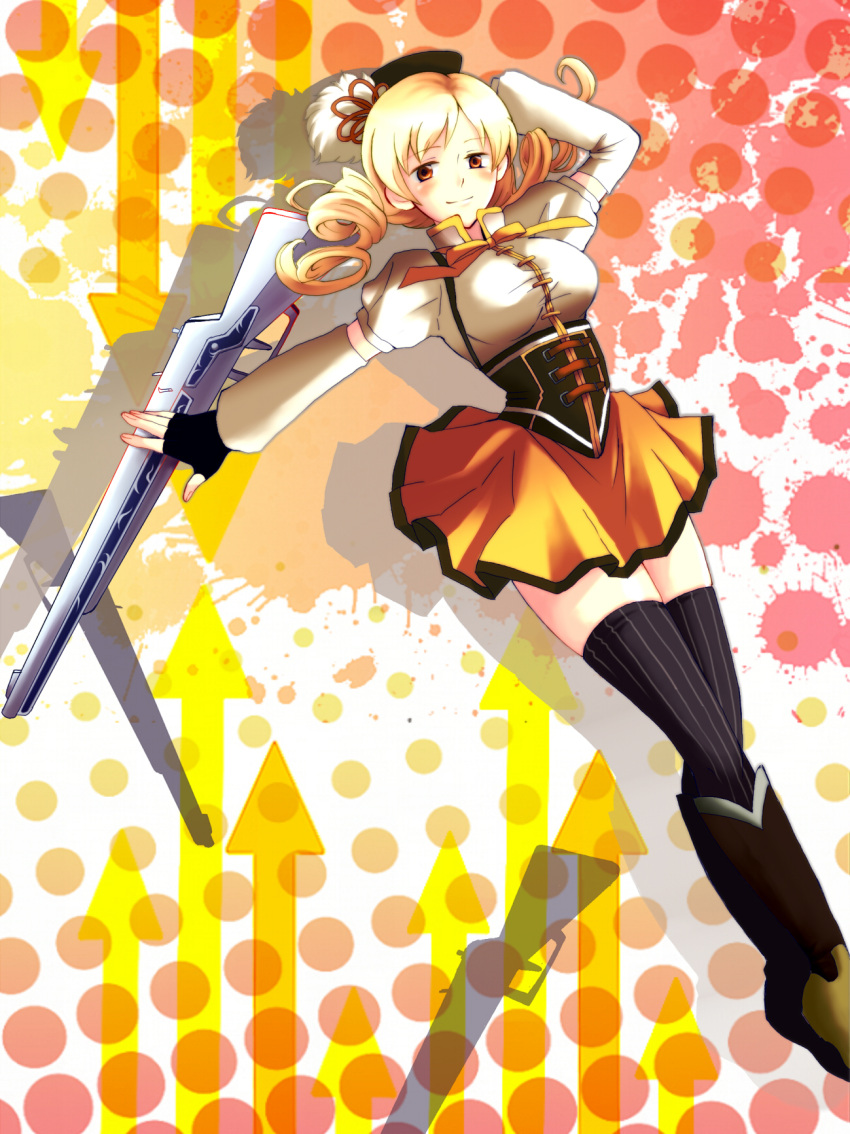 bad_id beret blonde_hair boots breasts brown_legwear charin charin_(977634) corset detached_sleeves drill_hair fingerless_gloves gloves gun hair_ornament hairpin hat highres large_breasts magical_musket mahou_shoujo_madoka_magica pleated_skirt polka_dot polka_dot_background puffy_sleeves ribbon skindentation skirt solo taut_shirt thigh-highs thighhighs thighs tomoe_mami vertical-striped_legwear vertical_stripes weapon yellow_eyes zettai_ryouiki