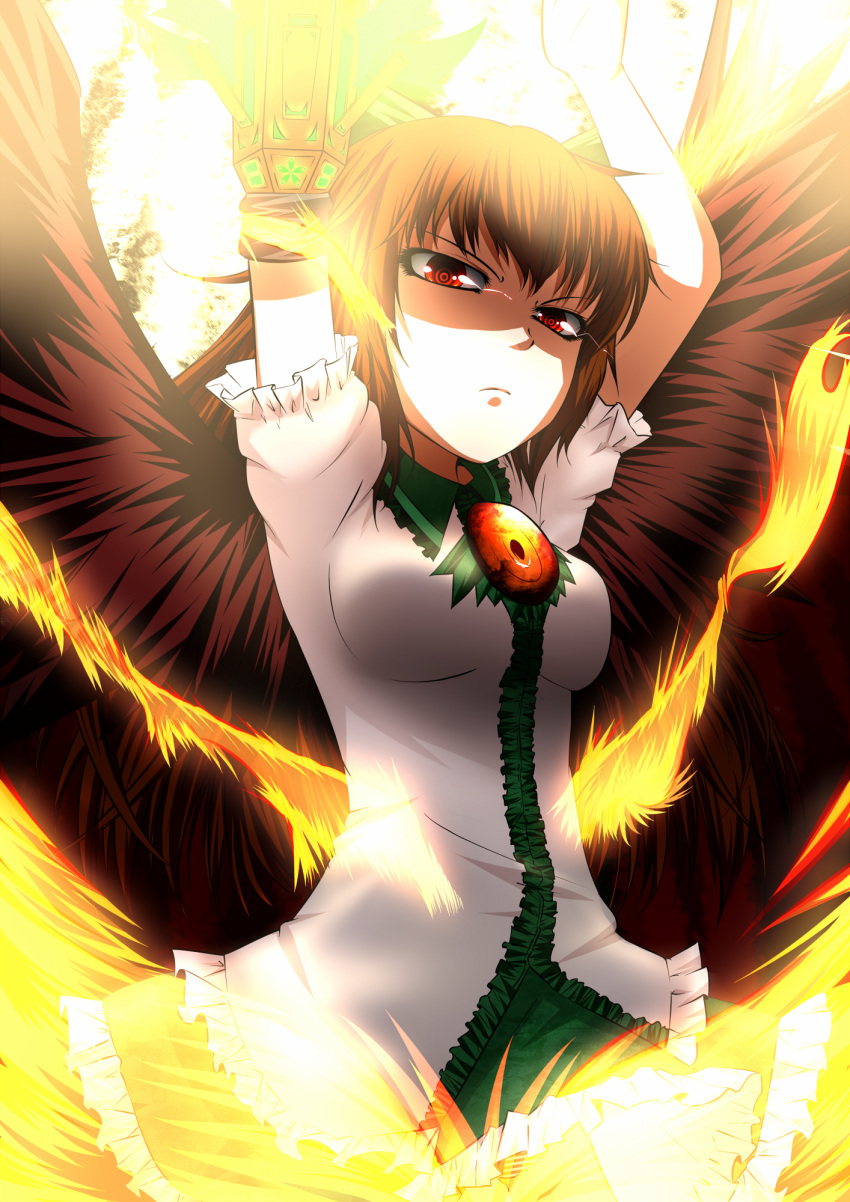 arm_cannon arms_up breasts brown_hair byoubyou highres long_hair red_eyes reiuji_utsuho serious skirt solo symbol-shaped_pupils touhou weapon wings