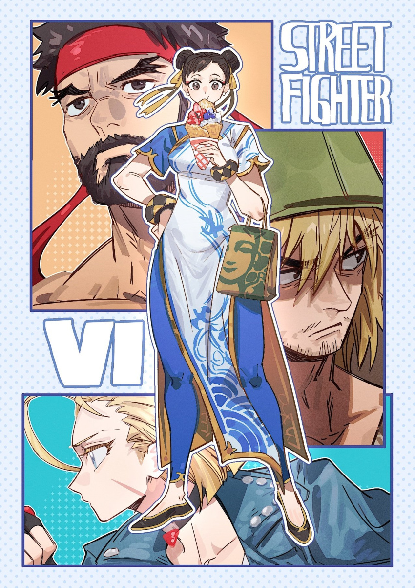 2boys 2girls bag black_hair blonde_hair blue_eyes blue_jacket blue_pants bracelet breasts brown_eyes brown_hair cammy_white china_dress chinese_clothes chun-li closed_mouth commentary copyright_name crepe double_bun dress earrings eating facial_hair food full_body hair_between_eyes hair_bun hair_ribbon hand_on_own_hip headband highres holding holding_bag holding_crepe holding_food hood hoodie jacket jewelry ken_masters looking_at_viewer medium_breasts multiple_boys multiple_girls pants paper_bag pearl_earrings red_headband ribbon ryu_(street_fighter) scar scar_on_cheek scar_on_face short_hair short_sleeves starbucks straight-on street_fighter street_fighter_6 upper_body yoga_pants yumi_xsh
