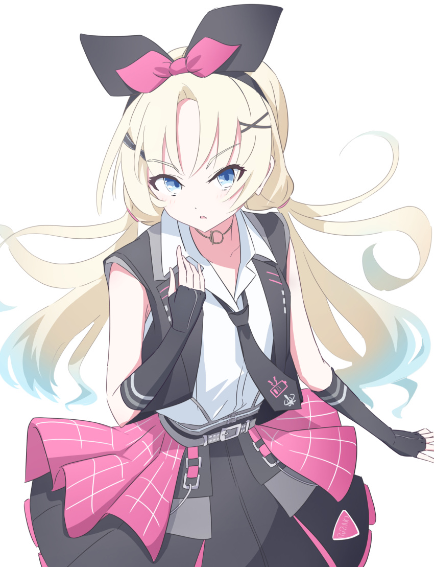 1girl black_bow black_hairband black_jacket black_necktie black_skirt blonde_hair blue_eyes blue_hair bow bow_hairband collared_shirt commentary dress_shirt gradient_hair hair_bow hairband highres i_do_me!_(love_live!) jacket junnatsu link!_like!_love_live! looking_at_viewer love_live! low_twintails miniskirt multicolored_hair necktie open_clothes open_jacket osawa_rurino pink_bow pleated_skirt shirt skirt sleeveless sleeveless_jacket sleeveless_shirt solo twintails virtual_youtuber white_shirt