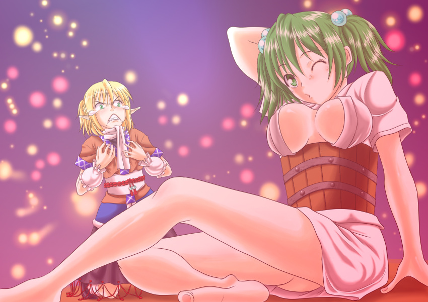 :&lt; adult arm_warmers barefoot blonde_hair blush breast_envy breasts bucket clenched_teeth girl_in_bucket green_eyes green_hair hair_bobbles hair_ornament highres in_bucket in_container kisume large_breasts legs long_legs mizuhashi_parsee multiple_girls open_clothes open_shirt pointy_ears pose scarf shiba_meiji shirt short_hair tears teenage thighs touhou wink