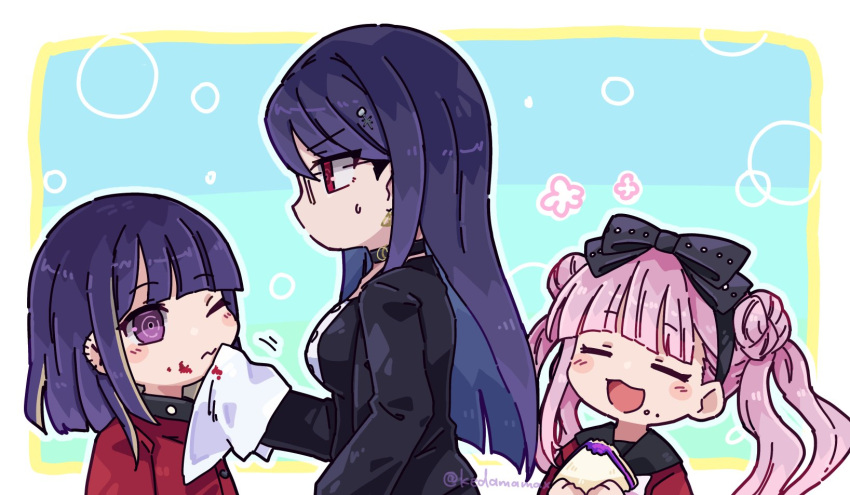 1boy 2girls :d black_bow black_choker black_hairband black_jacket black_sailor_collar black_shirt bow chibi choker cleaning closed_eyes commentary double_bun ear_piercing earrings food food_on_face gakuran glasses hair_bun hairband highres holding holding_food holding_sandwich holding_towel jacket jewelry kedamamax long_hair medium_hair multicolored_hair multiple_girls piercing pink_eyes pink_hair purple_hair red_eyes red_jacket red_serafuku sailor_collar sandwich school_uniform serafuku shirt shizuhara_hiruko smile streaked_hair sweatdrop the_hundred_line_-last_defense_academy- towel tsukumo_ima tsukumo_kako twintails twitter_username white_streaks