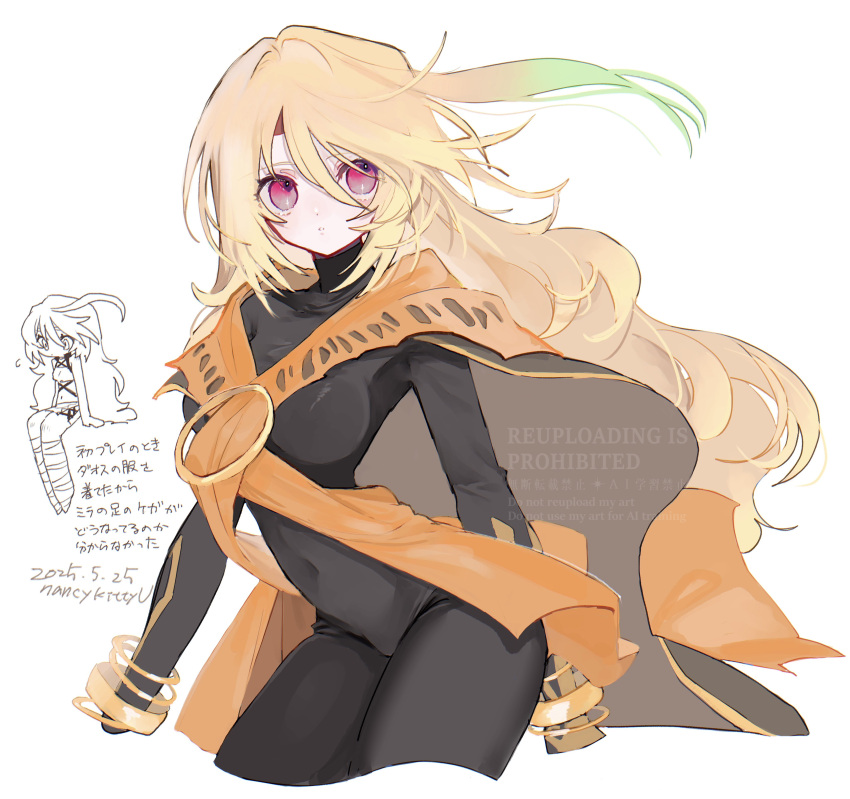 1girl absurdres ahoge artist_name black_bodysuit blonde_hair bodysuit bracelet cape chibi chibi_inset commentary_request cosplay cropped_arms cropped_legs dated dhaos_(tales) dhaos_(tales)_(cosplay) gold_bracelet gradient_hair headband highres jewelry long_hair milla_maxwell multicolored_hair nancykittyu navel orange_cape red_eyes red_headband simple_background skin_tight solo tales_of_(series) tales_of_phantasia tales_of_xillia translation_request white_background