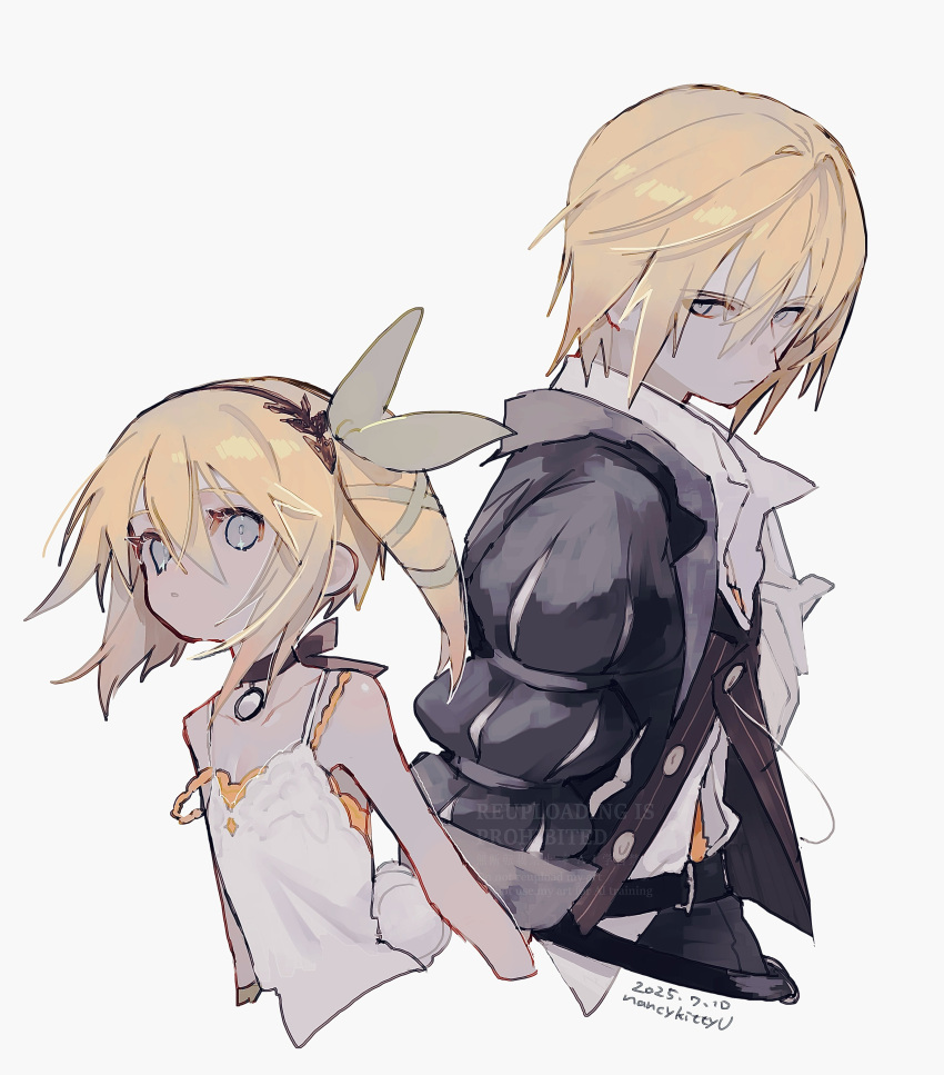 1boy 1girl absurdres bare_shoulders belt black_belt black_choker black_coat black_hairband blonde_hair blue_eyes brother_and_sister choker coat cropped_arms cropped_torso dress edna_(tales) eizen_(tales) green_ribbon hair_between_eyes hair_ribbon hairband highres nancykittyu ribbon shirt short_hair siblings side_ponytail simple_background spaghetti_strap tales_of_(series) tales_of_berseria tales_of_zestiria tress_ribbon white_background white_dress white_shirt