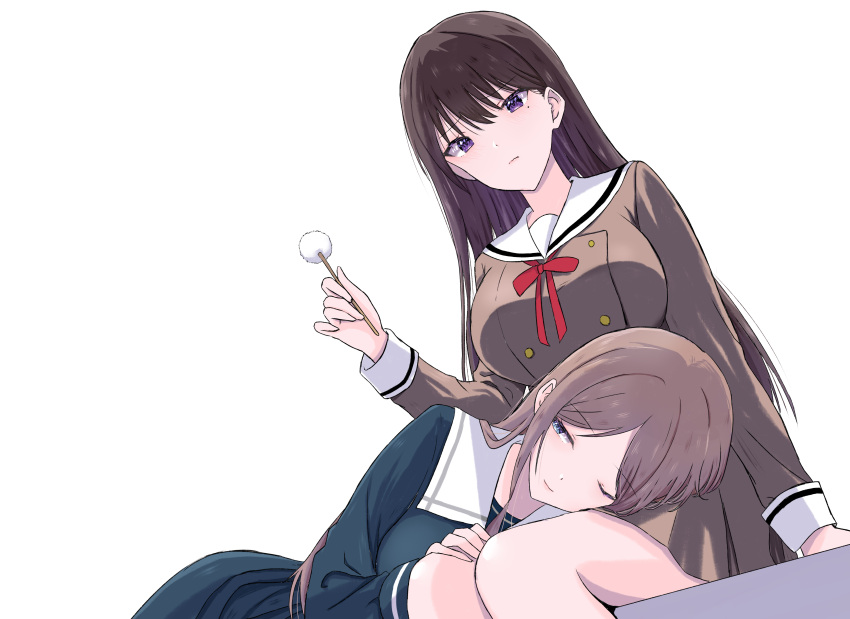 2girls absurdres alternate_breast_size_(larger) bang_dream! bang_dream!_it's_mygo!!!!! black_hair blue_eyes blue_shirt blue_skirt brown_hair brown_shirt brown_skirt buttons closed_mouth collared_shirt couple da_ge_xiao_xian dot_nose double-breasted dutch_angle from_below furrowed_brow half-closed_eye hanasakigawa_school_uniform highres holding lap_pillow light_smile long_hair long_sleeves looking_at_another looking_to_the_side middle_part mimikaki mole mole_under_eye multiple_girls nagasaki_soyo neck_ribbon one_eye_closed parted_bangs pleated_skirt red_ribbon ribbon sailor_collar school_uniform shiina_taki shirt simple_background sitting skirt skirt_set sleeve_cuffs straight_hair tsukinomori_school_uniform violet_eyes white_background white_sailor_collar winter_uniform yuri