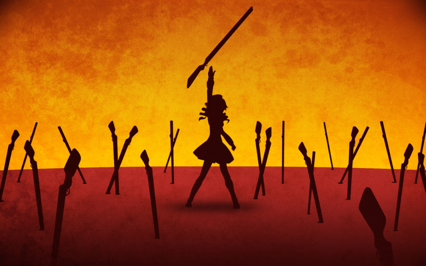 benhuber drill_hair fate/stay_night fate_(series) field_of_blades gun hat magical_girl magical_musket mahou_shoujo_madoka_magica outstretched_hand parody red rifle silhouette solo tomoe_mami twin_drills unlimited_blade_works wallpaper weapon
