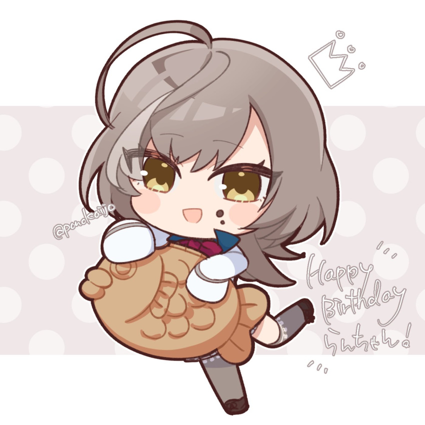 1girl :d ahoge assault_lily black_shoes blush bow bowtie character_name chibi commentary_request drawn_crown food food_on_face full_body grey_background grey_hair grey_thighhighs hands_up happy_birthday herensuge_girls_academy_school_uniform highres holding holding_food jacket leg_up long_hair long_sleeves looking_at_viewer multicolored_hair open_mouth oversized_clothes oversized_food oversized_object polka_dot polka_dot_background ponokaijo red_bow red_bowtie sasaki_ran school_uniform shoes sleeves_past_fingers sleeves_past_wrists smile solo standing standing_on_one_leg streaked_hair taiyaki thigh-highs twitter_username two-tone_background wagashi white_jacket yellow_eyes