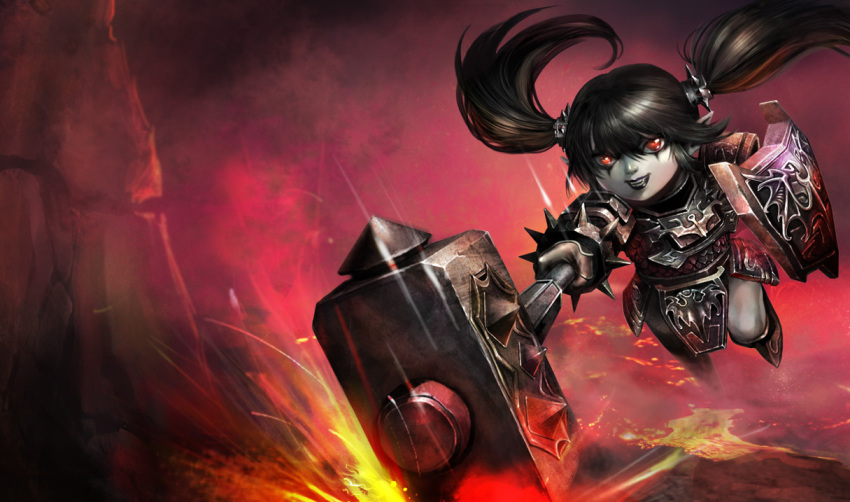 hammer league_of_legends official_art poppy poppy_(league_of_legends) red_eyes shield twintails