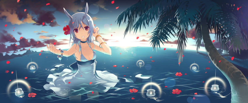 :d adjusting_hair afloat animal_ears armpits blue_hair bracelet breasts candle choker cleavage cloud clouds dj_max_portable djmax dress dress_lift floating flower h2so4 hair_flower hair_ornament highres jewelry leaf lens_flare long_hair no_bra open_mouth original outdoors outstretched_arm outstretched_hand petals red_eyes sideboob sky smile solo standing suee sunset swimsuit wading water wet wet_clothes