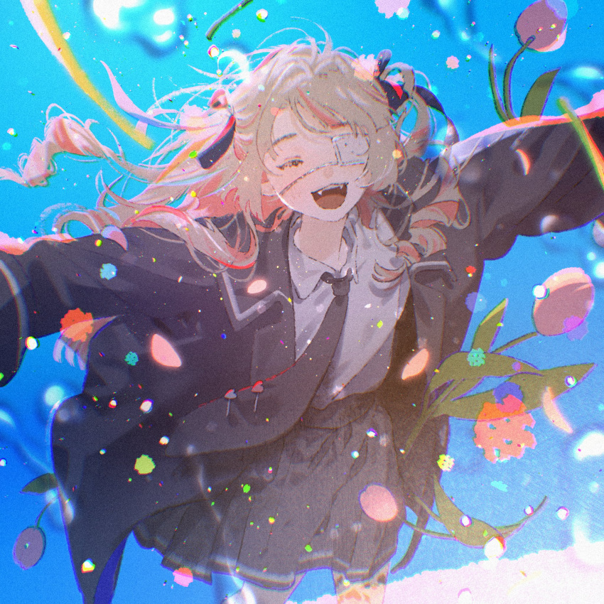 1girl :3 backlighting blazer blue_background blue_jacket blue_necktie blue_ribbon blue_sailor_collar blue_skirt blurry bokeh closed_eyes collared_shirt colored_inner_hair cowboy_shot depth_of_field drill_hair eyepatch fangs flower grey_hair hair_intakes hair_ribbon heart highres jacket lapels leg_tattoo light_particles long_hair long_sleeves makaino_ririmu maruko_inari medical_eyepatch miniskirt monitoring_(vocaloid) multicolored_hair necktie nijisanji notched_lapels official_alternate_costume official_alternate_hairstyle open_clothes open_jacket open_mouth outstretched_arms pink_flower pink_hair pink_streaks pink_tulip pleated_skirt pointy_ears ribbon sailor_collar school_uniform shirt shirt_tucked_in sidelocks skirt smile solo spread_arms streaked_hair tattoo teeth tie_clip tulip two-tone_hair two_side_up upper_teeth_only virtual_youtuber water_drop wet_lens white_shirt wind winged_heart winged_heart_tattoo