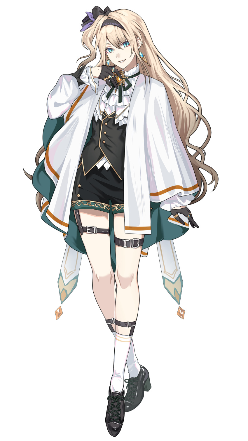 1girl absurdres ailinzi aqua_eyes black_gloves black_hairband black_ribbon black_shorts black_vest blonde_hair bow center_frills chinese_commentary closed_mouth commentary_request earrings frills full_body gloves hairband half_gloves highres jewelry long_hair long_sleeves looking_at_viewer neck_ribbon one_side_up original puffy_long_sleeves puffy_sleeves ribbon shirt shoes shorts simple_background skirt smile socks solo standing tachi-e thigh_strap very_long_hair vest virtual_youtuber white_background white_shirt white_socks