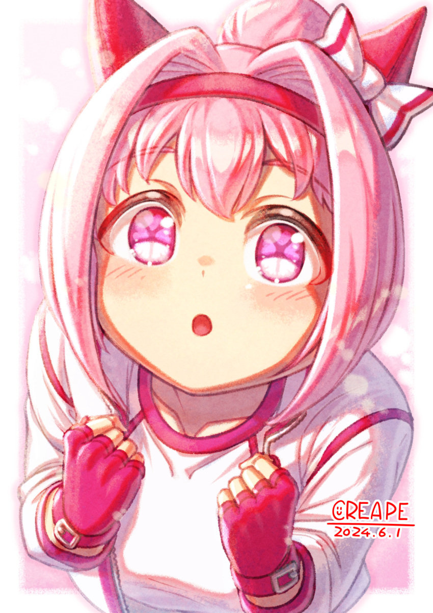 1girl animal_ears blush bow breasts collarbone commentary_request creape ear_bow ear_covers fingerless_gloves flower-shaped_pupils flower_in_eye gloves gym_uniform haru_urara_(bestest_prize)_(umamusume) haru_urara_(umamusume) headband highres horse_ears horse_girl jacket long_hair looking_at_viewer looking_up open_mouth pink_eyes pink_hair pink_headband ponytail red_gloves red_headband shirt small_breasts solo symbol-shaped_pupils symbol_in_eye umamusume white_jacket white_shirt