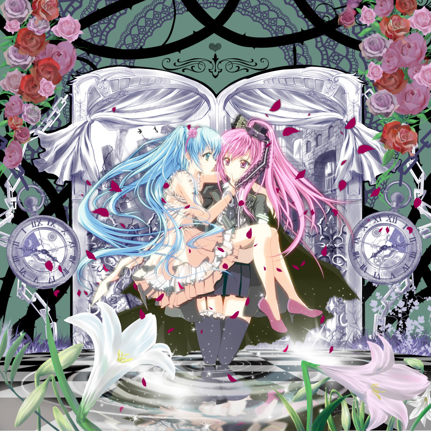 absurdres aqua_eyes bad_id bird blue_hair carrying chain chains checkered checkered_floor cuffs dress eye_contact flower formal garter_straps handcuffs hat hatsune_miku high_heels highres lily_(flower) long_hair looking_at_another megurine_luka minase_saki mini_top_hat multiple_girls petals pink_eyes pink_hair pink_rose pocket_watch princess_carry red_rose reflection rose shoes thigh-highs thighhighs thorns top_hat twintails very_long_hair vocaloid watch water yuri