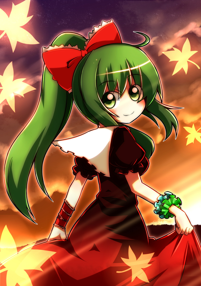 absurdres ahoge alternate_hairstyle blush bow curtsey dress dress_lift frills green_eyes green_hair hair_bow highres kagiyama_hina long_hair nosada ponytail ribbon smile solo touhou