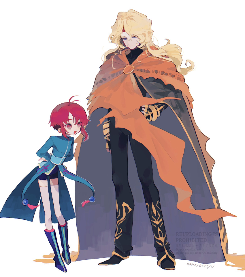 2boys absurdres antenna_hair arms_behind_back black_bodysuit blonde_hair blue_boots blue_shirt blue_shorts bodysuit boots bracelet cape dhaos_(tales) full_body gold_bracelet hand_on_own_hip headband height_difference highres in-franchise_crossover jewelry knee_boots leaning_forward long_hair male_focus mao_(tales) multiple_boys nancykittyu open_mouth orange_cape red_eyes red_hair red_headband shirt short_hair shorts sidelocks simple_background smile standing tales_of_(series) tales_of_phantasia tales_of_rebirth thigh-highs white_background white_thighhighs