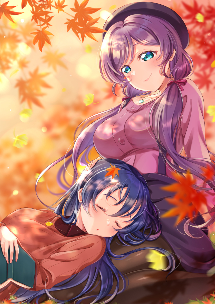 2girls aqua_eyes autumn_leaves black_hat black_pantyhose breasts closed_eyes closed_mouth collared_shirt commentary_request falling_leaves hat highres iroenpitsu_xxx lap_pillow large_breasts leaf long_sleeves looking_at_another love_live! love_live!_school_idol_festival love_live!_school_idol_project low_twintails maple_leaf medium_breasts multiple_girls official_alternate_costume orange_sweater outdoors pantyhose parted_lips pink_shirt purple_hair purple_skirt red_shirt shirt skirt sleeping smile sonoda_umi suspender_skirt suspenders sweater tojo_nozomi twintails