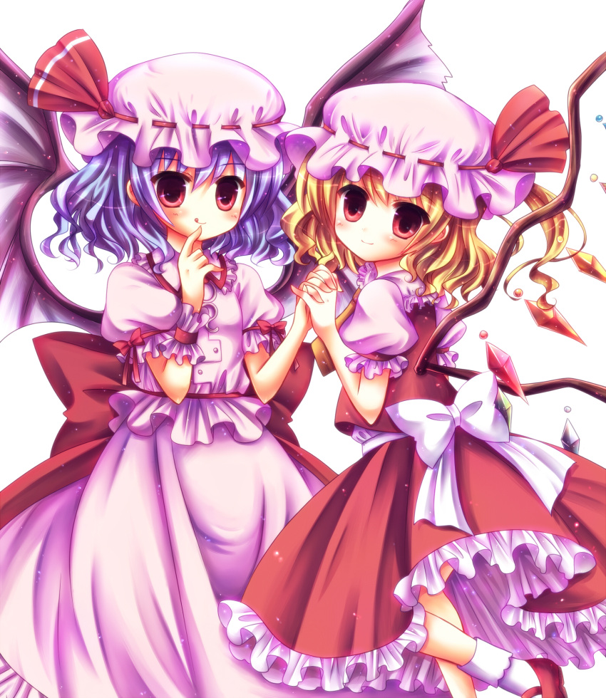 2girls :q bad_id bat_wings blonde_hair blue_hair flandre_scarlet hat high_res highres kouta. multiple_girls red_eyes remilia_scarlet siblings sisters tongue touhou wings wrist_cuffs