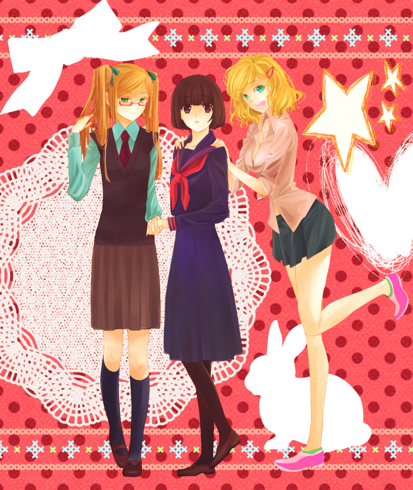 america_(hetalia) axis_powers_hetalia blonde_hair breasts brown_eyes brown_hair cleavage genderswap glasses green_eyes hair_ornament hair_ribbon hairclip highres hinsyo japan_(hetalia) long_hair midriff multiple_girls nam_(hinsyo) pantyhose ribbon school_uniform serafuku short_hair thigh-highs thighhighs twintails united_kingdom_(hetalia)