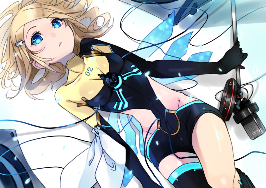 7g blonde_hair blue_eyes body_suit dutch_angle hairclip highres kagamine_rin looking_down microphone short_shorts thigh_boots vocaloid wires