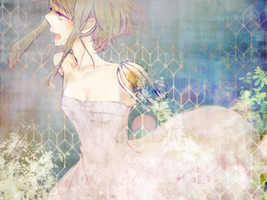 amputee green_hair gumi open_mouth penchop severed_arm short_hair vocaloid white_dress