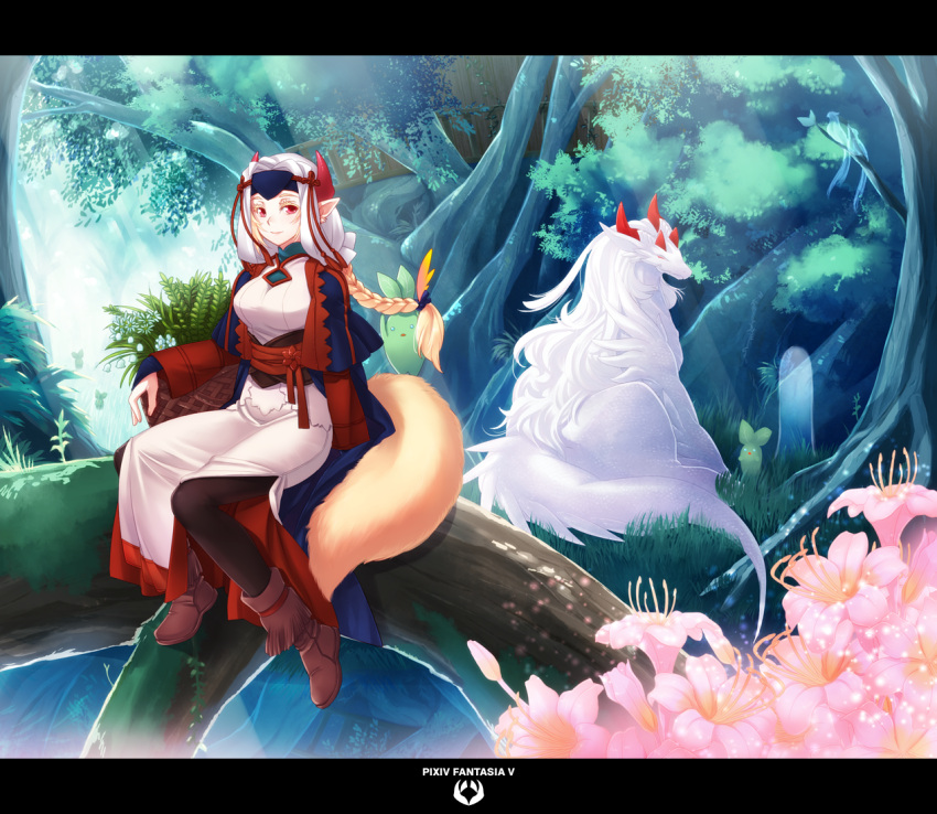 blonde_hair boots braid flower forest hazuki_gean horns letterboxed nature pantyhose pixiv_fantasia pixiv_fantasia_5 pointy_ears ponytail red_eyes sitting tail