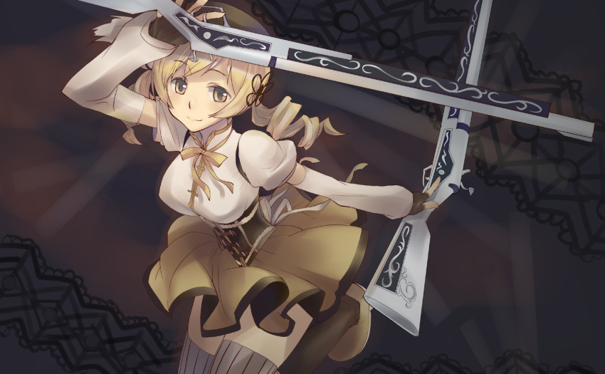 bad_id beret blonde_hair boots breasts brown_legwear detached_sleeves drill_hair dual_wielding fingerless_gloves gloves gun hair_ornament hairpin hat koma_(artist) large_breasts magical_girl magical_musket mahou_shoujo_madoka_magica pleated_skirt puffy_sleeves ribbon rifle skindentation skirt solo thigh-highs thighhighs tomoe_mami twin_drills vertical-striped_legwear vertical_stripes weapon yellow_eyes zettai_ryouiki