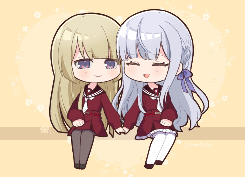 2girls :d =_= assault_lily belt_buckle blonde_hair blunt_bangs blush braid brown_pantyhose brown_sailor_collar brown_shoes buckle chibi closed_eyes commentary_request floral_background frilled_skirt frills full_body grey_hair hair_ribbon hand_on_lap heads_together heart heart_background high-waist_skirt highres holding_hands kanba_girls_high_school_uniform kon_kanaho legs_together long_hair looking_at_another miyagawa_takane multiple_girls necktie pantyhose ponokaijo purple_ribbon red_shirt red_skirt ribbon sailor_collar school_uniform serafuku shirt shoes short_necktie side_braid sidelocks sitting skirt smile thigh-highs twitter_username very_long_hair violet_eyes white_necktie white_thighhighs yellow_background