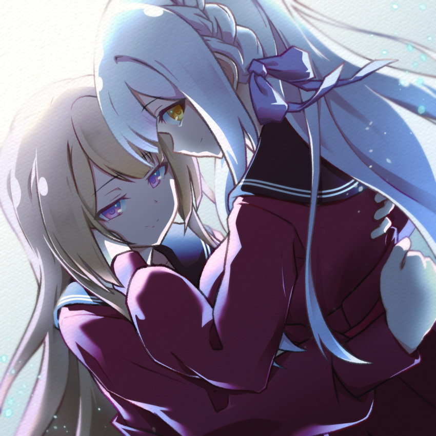2girls assault_lily belt black_sailor_collar blonde_hair blunt_bangs breasts closed_mouth commentary_request digamma face-to-face grey_background grey_hair hand_on_another's_cheek hand_on_another's_face hand_up hands_up high-waist_skirt highres hug kanba_girls_high_school_uniform kon_kanaho light_particles long_sleeves looking_at_viewer looking_to_the_side medium_breasts miyagawa_takane multiple_girls profile red_belt red_shirt red_skirt sailor_collar school_uniform serafuku shirt sideways_glance skirt smile upper_body violet_eyes white_background yellow_eyes yuri