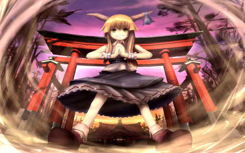 blonde_hair chipika cracking_knuckles grin highres horns ibuki_suika long_hair shrine smile solo torii touhou tree wallpaper wrist_cuffs yellow_eyes