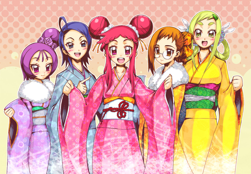 ahoge asuka_momoko child eyebrows fujiwara_hazuki harukaze_doremi japanese_clothes kimono multiple_girls ojamajo_doremi rainbow_order segawa_onpu senoo_aiko sentarou