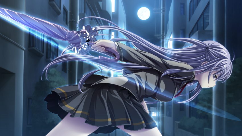 game_cg hatsukoi_sacrament moon night purple_hair purple_software seifuku skirt umbrella