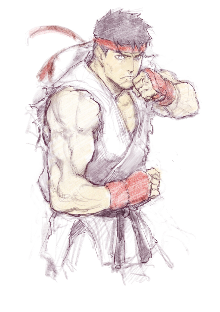 1boy absurdres black_hair commentary_request dougi fighting_stance fingerless_gloves gloves headband highres iwamoto_tatsurou karate_gi male_focus martial_arts_belt muscular muscular_male padded_gloves red_gloves red_headband ryu_(street_fighter) short_hair street_fighter torn_clothes torn_sleeves