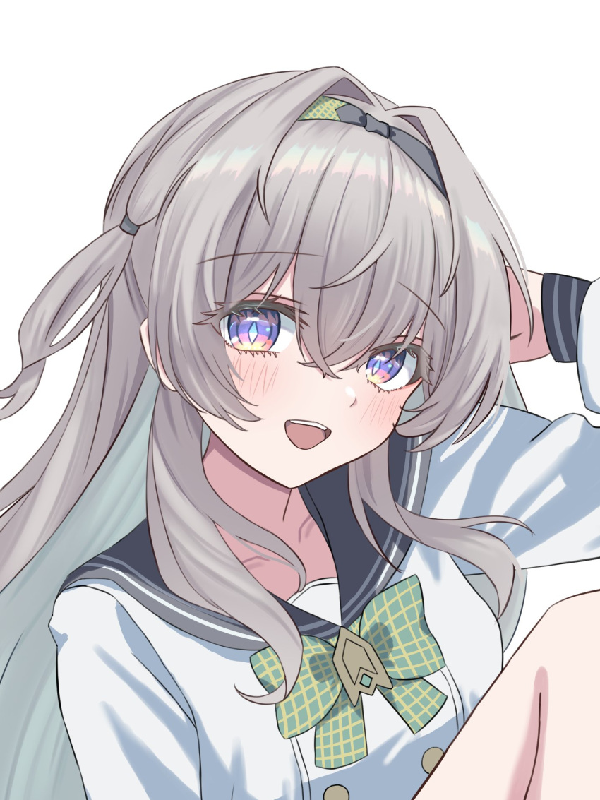 1girl black_hairband blush bow bowtie checkered_bow checkered_bowtie checkered_clothes collared_shirt firefly_(honkai:_star_rail) firefly_(spring_missive)_(honkai:_star_rail) gradient_eyes gradient_hair green_bow green_bowtie grey_hair grey_sailor_collar hair_between_eyes hair_intakes hair_tubes hairband highres honkai:_star_rail honkai_(series) long_hair multicolored_eyes multicolored_hair open_mouth rn_(rena) sailor_collar shirt simple_background smile solo teeth upper_teeth_only white_background white_shirt