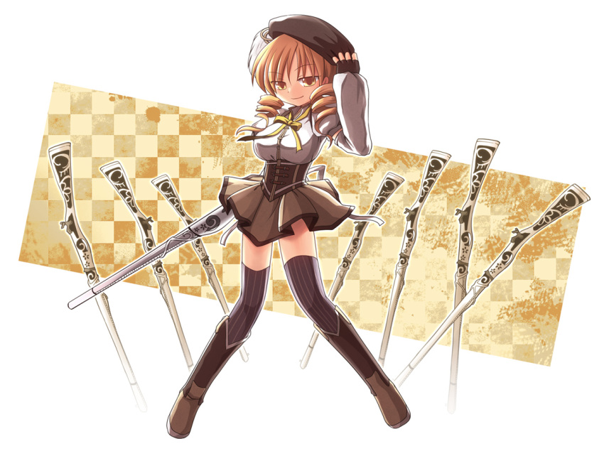 beret blonde_hair boots brown_legwear checkered checkered_background corset detached_sleeves drill_hair field_of_blades fingerless_gloves gloves gun hair_ornament hairpin hat magical_girl magical_musket mahou_shoujo_madoka_magica pleated_skirt puffy_sleeves ribbon rifle ryuuga_nanamaru simple_background skirt solo standing thigh-highs thighhighs tomoe_mami twin_drills vertical-striped_legwear vertical_stripes weapon white_background yellow_eyes zettai_ryouiki