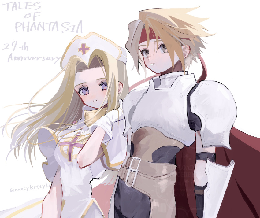 1boy 1girl absurdres anniversary armor black_bodysuit blonde_hair blue_eyes blush bodysuit brown_eyes cape copyright_name cress_albane dress gloves hair_intakes hashtag-only_commentary hat headband highres long_hair looking_at_viewer mint_adenade nancykittyu nurse_cap red_cape red_headband short_hair short_sleeves simple_background smile tales_of_(series) tales_of_phantasia white_background white_dress white_gloves