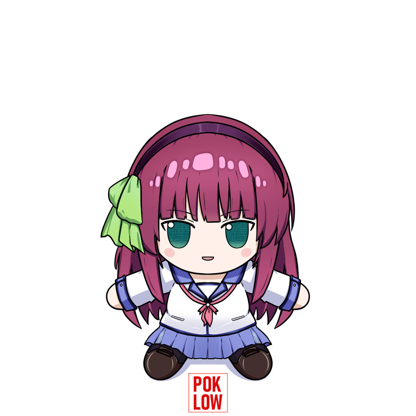 1girl :d a-pose angel_beats! artist_name black_hairband blue_skirt blunt_bangs blush_stickers bow character_doll commentary doll full_body fumo_(doll) green_bow green_eyes hair_bow hairband highres long_hair long_sleeves looking_at_viewer miniskirt nakamura_yuri neckerchief open_mouth pink_neckerchief pleated_skirt poklow purple_hair shinda_sekai_sensen_uniform shirt sidelocks simple_background sitting skirt smile solo straight_hair white_background white_shirt