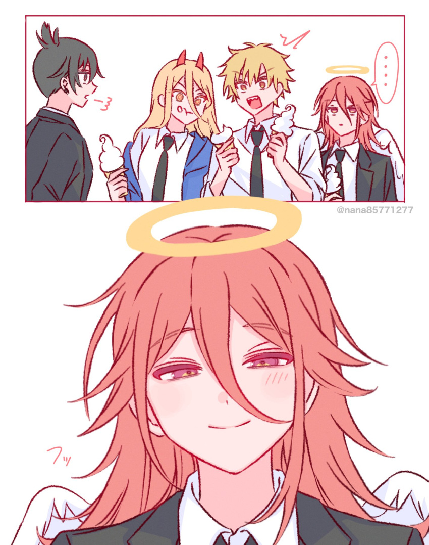 ... 1girl 3boys angel_devil_(chainsaw_man) black_hair black_jacket black_necktie blonde_hair blue_jacket blush chainsaw_man collared_shirt demon_girl denji_(chainsaw_man) earrings food food_on_face hair_between_eyes halo hayakawa_aki highres holding holding_ice_cream_cone horns ice_cream_cone jacket jewelry long_hair multiple_boys nana_(eegm4275) necktie open_mouth orange_eyes ponytail power_(chainsaw_man) red_eyes red_hair red_horns sharp_teeth shirt short_hair short_ponytail sleeves_rolled_up smile spoken_ellipsis suit_jacket teeth traditional_halo twitter_username upper_body white_background white_shirt