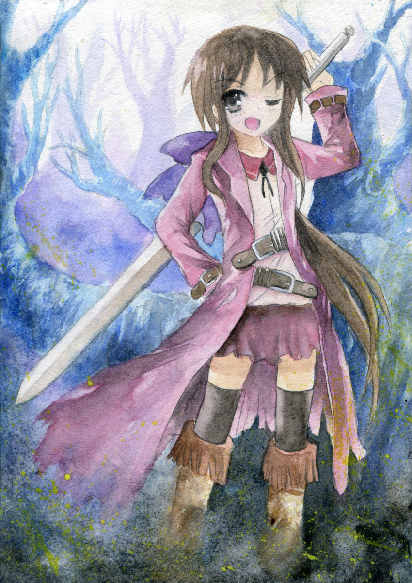 blush boots forest grey_eyes hat hat_ribbon highres long_hair nature original ribbon skirt solo sword sxbzero thigh-highs thighhighs traditional_media trench_coat watercolor_(medium) weapon