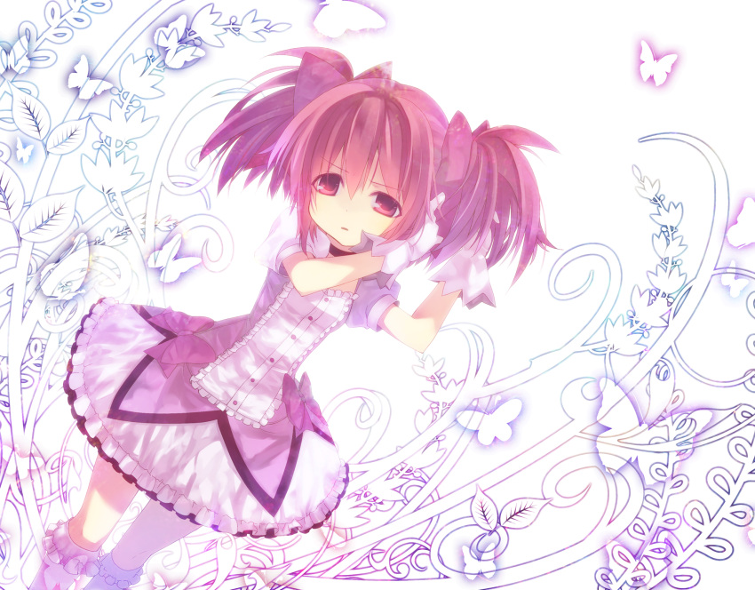 bow bubble_skirt choker dress gloves hair_bow highres kaname_madoka kneehighs magical_girl mahou_shoujo_madoka_magica open_mouth pink_eyes pink_hair puffy_sleeves short_twintails tahya twintails