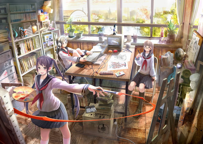 art_brush bad_perspective bad_proportions book bookshelf box canvas_(object) cardboard_box cd character_doll computer easel electric_fan figure glasses hatsune_miku headphones highres indoors laptop long_hair multiple_girls original outstretched_arm paint paintbrush painting plant potted_plant room school school_uniform serafuku shirakaba short_hair sitting television twintails very_long_hair vocaloid window