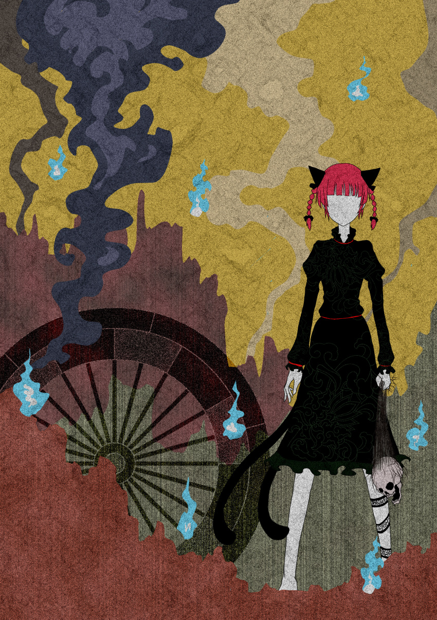abstract absurdres animal_ears braid cat_ears cat_tail faceless highres kaenbyou_rin no_face pathos9 red_hair redhead skull solo surreal tail touhou twin_braids