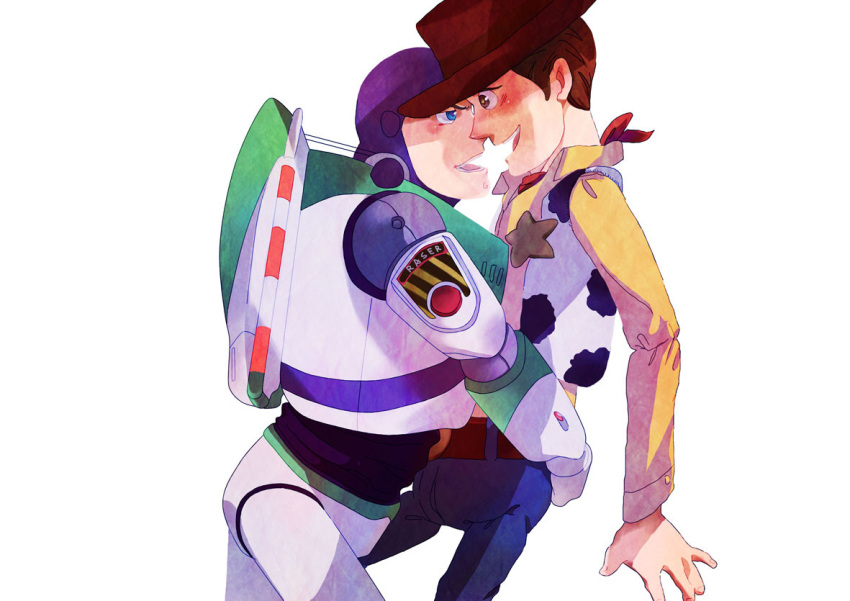 2boys blush buzz_lightyear disney hug male multiple_boys naughty_face pixiv sheriff_woody toy_story what woody yaoi