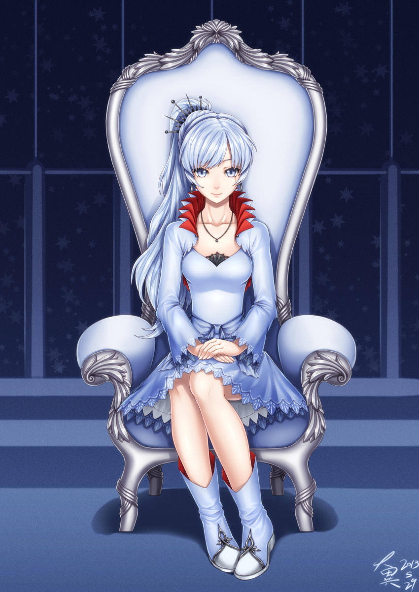 1girl absurdres blue_eyes boots collarbone earrings highres jewelry long_hair necklace ponytail rwby silver_hair sitting smile snowflakes solo throne weiss_schnee zerg309