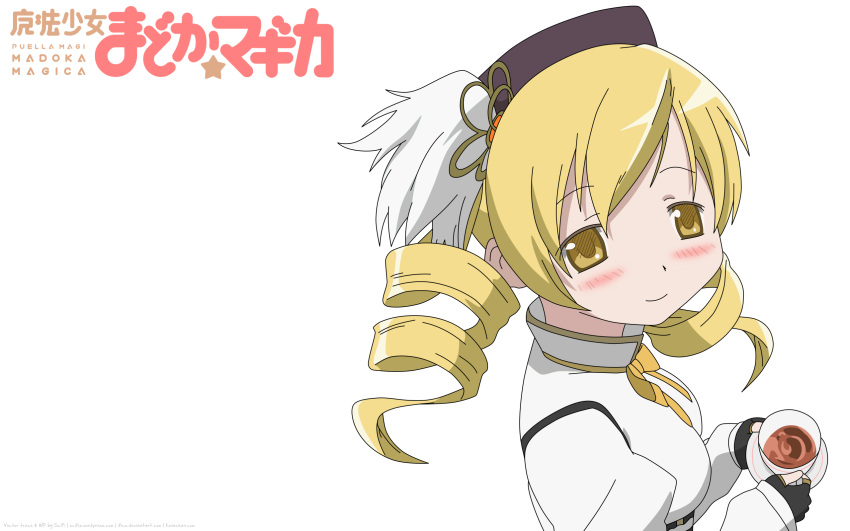 artist_request beret blonde_hair blush corset drill_hair drink hat magical_girl mahou_shoujo_madoka_magica saucer smile solo source_request teacup tomoe_mami translation_request transparent vector yellow_eyes