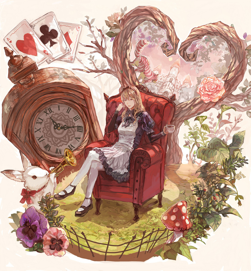 alice_in_wonderland armchair blonde_hair bunny card cards cheshire_cat clock crossed_legs cup faux_figurine floating_card flower hairband highres instrument legs_crossed long_hair mary_janes mushroom pansy pantyhose pink_rose playing_card playing_cards rabbit rose shoes sitting tanukiudon-umai teacup trumpet white_legwear