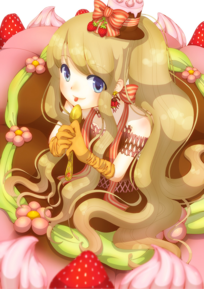 arm_garter blonde_hair blue_eyes cake chako_(cherrydrop) chocolate choker earrings food food_as_clothes food_themed_clothes fruit girl_in_food hat highres in_food jewelry long_hair minigirl original solo spoon strawberry tongue