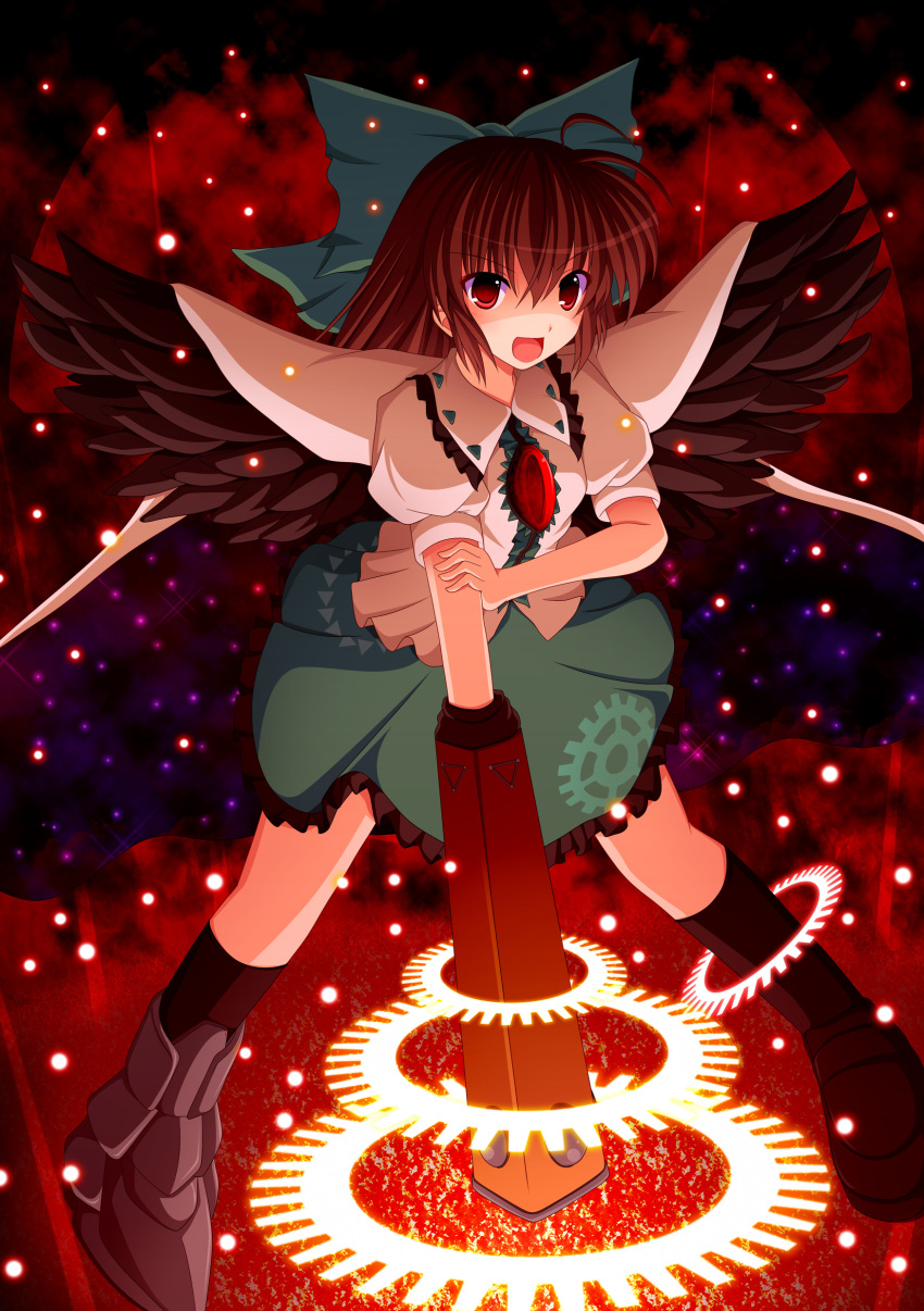 &gt;:) :d absurdres arm_cannon arm_grab black_hair bow cape cross_(artist) cross_(crossryou) hair_bow highres long_hair magic_circle open_mouth payot red_eyes reiuji_utsuho smile solo third_eye touhou weapon wings
