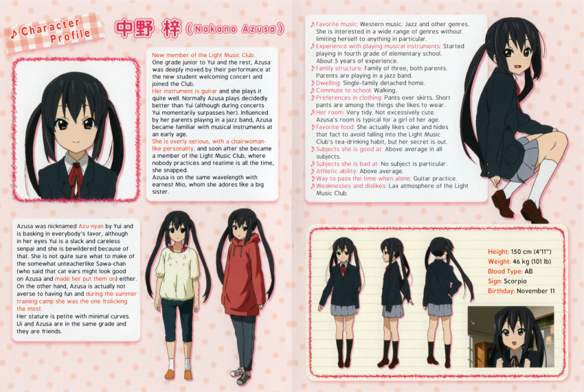 black_hair casual character_profile character_sheet hard_translated highres k-on! nakano_azusa official_art profile_card school_uniform translated turnaround twintails