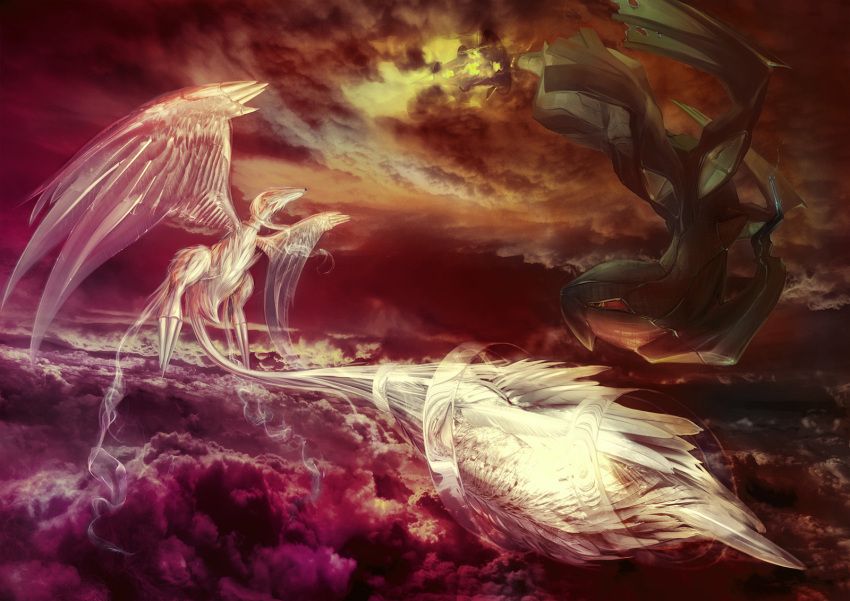 battle cloud dragon epic highres intuos9 pokemon pokemon_(game) pokemon_black_and_white pokemon_bw red_sclera reshiram sky upside-down wings zekrom