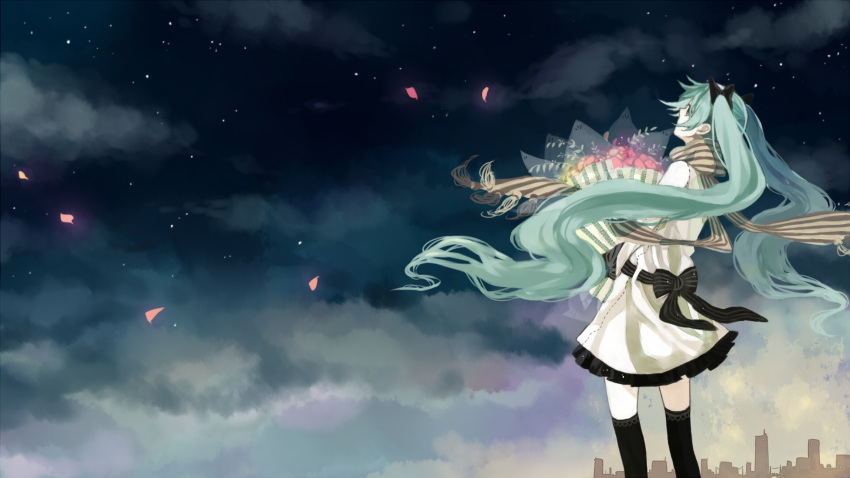 anbivarens bouquet cityscape cloud clouds dress flower green_eyes green_hair hatsune_miku highres long_hair night night_sky petals scarf sky solo star_(sky) striped striped_scarf thigh-highs thighhighs twintails very_long_hair vocaloid
